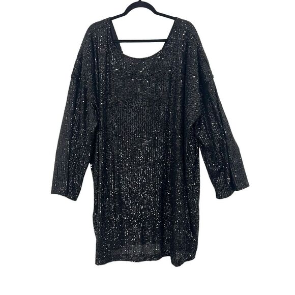 ASOS DESIGN Curve Size 20 Long Sleeve V Back Sequin Mini Dress in Black - Picture 1 of 4